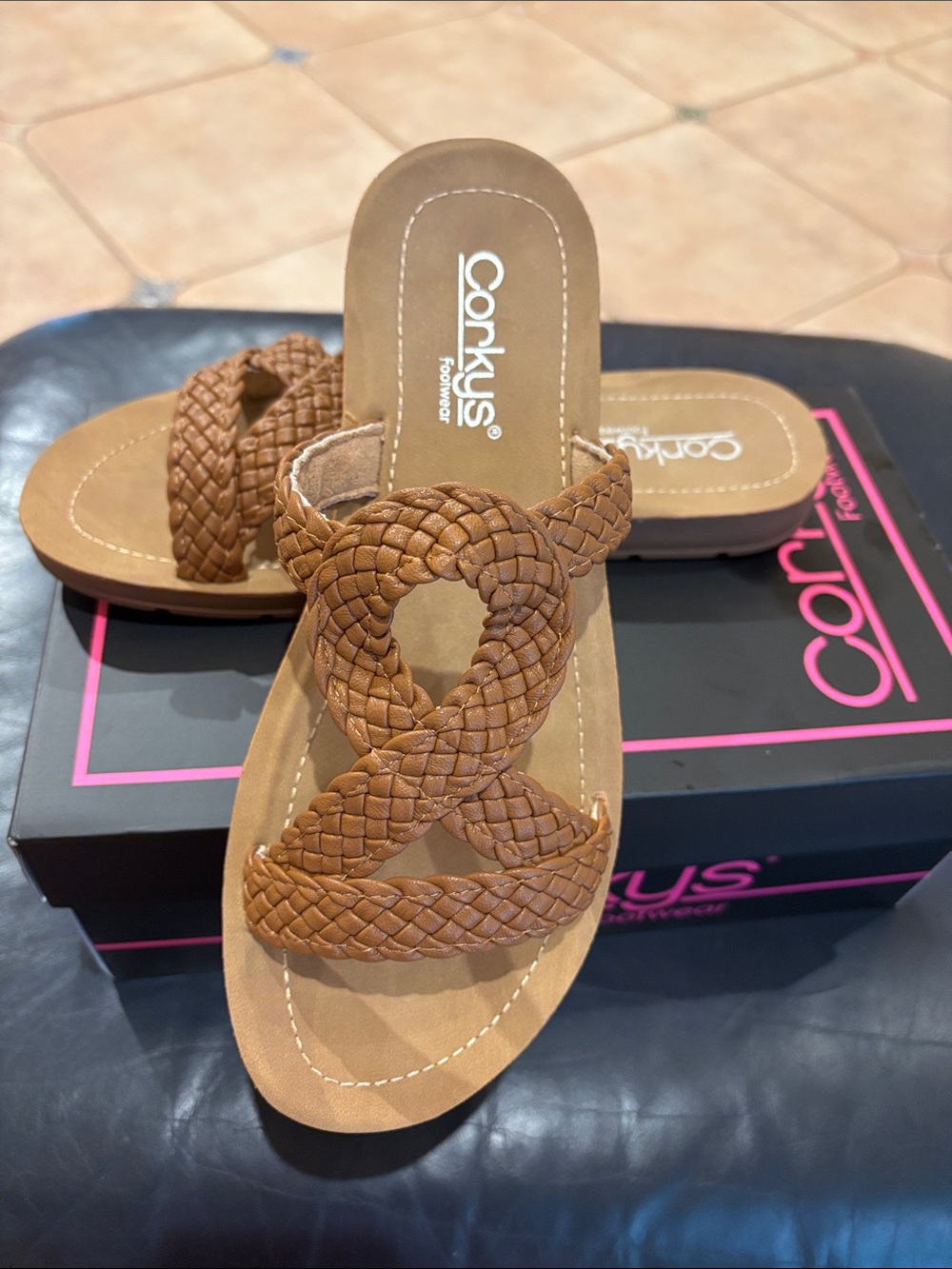 Corkys Braided Cognac Slide Sandals with Woven Loop Straps